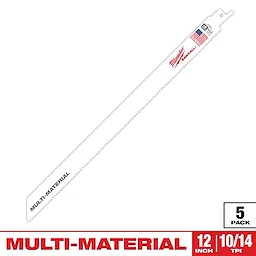 The Milwaukee 12-inch Multi-Material Saw Blade is designed for various cutting applications. It features 10/14 TPI (teeth per inch) for efficient cutting. The blade comes in a 5-pack, offering durability and versatility for different materials. Colorful branding and the American flag appear near the base of the blade.