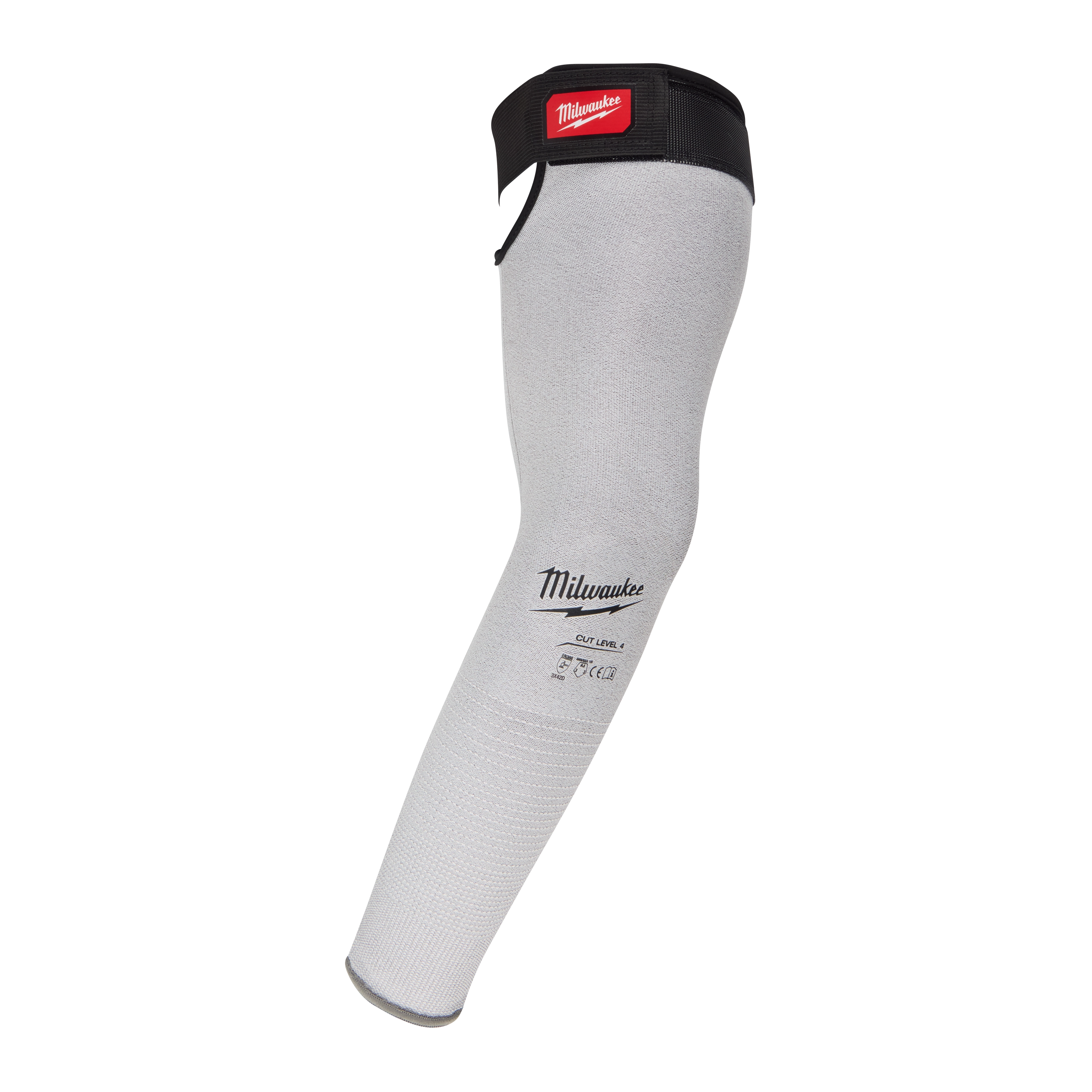 Cut Level 4 Protective Sleeves with gray exterior, black wrist strap, and red logo patch, showcasing durable material for safety.