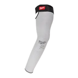 Cut Level 4 Protective Sleeves with gray exterior, black wrist strap, and red logo patch, showcasing durable material for safety.