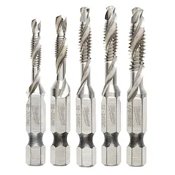 The SHOCKWAVE 5PC SAE IMPACT DRILL TAP SET includes five silver metallic drill taps in various sizes, featuring durable, spiral fluted threads designed for impact applications. Each tap is hex shank for secure grip and marked with size specifications. Ideal for creating threaded holes in metal.