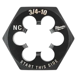 The 3/4"-10 NC 1-7/16" Hex Threading Die has a black hexagonal design with five threading holes. It features "3/4"-10," "NC," "START THIS SIDE," and a brand logo on the front.