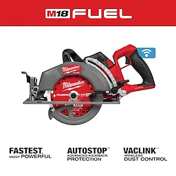M18 FUEL 7-1/4" Rear Handle Circular Saw with ONE-KEY, featuring advanced kickback protection and wireless dust control.