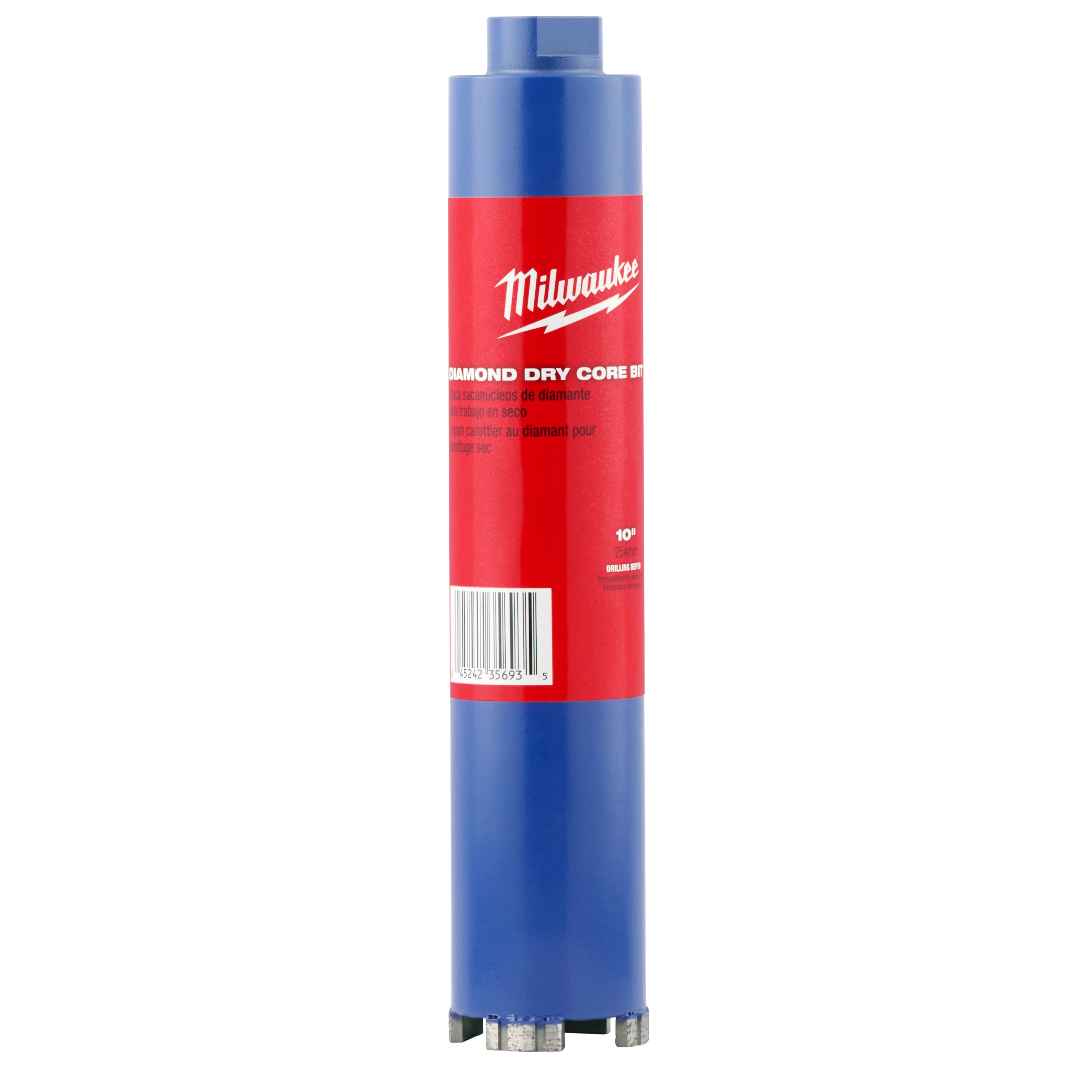 Milwaukee 1"-3" Dry Core Masonry Bit Block Shot, featuring a blue body with a red label and diamond segment tip.