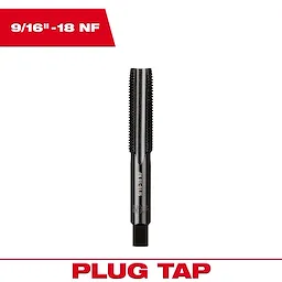 9/16"-18 NF Straight Flute Plug Tap, a metallic tool with cutting threads, used for machining and threading holes.