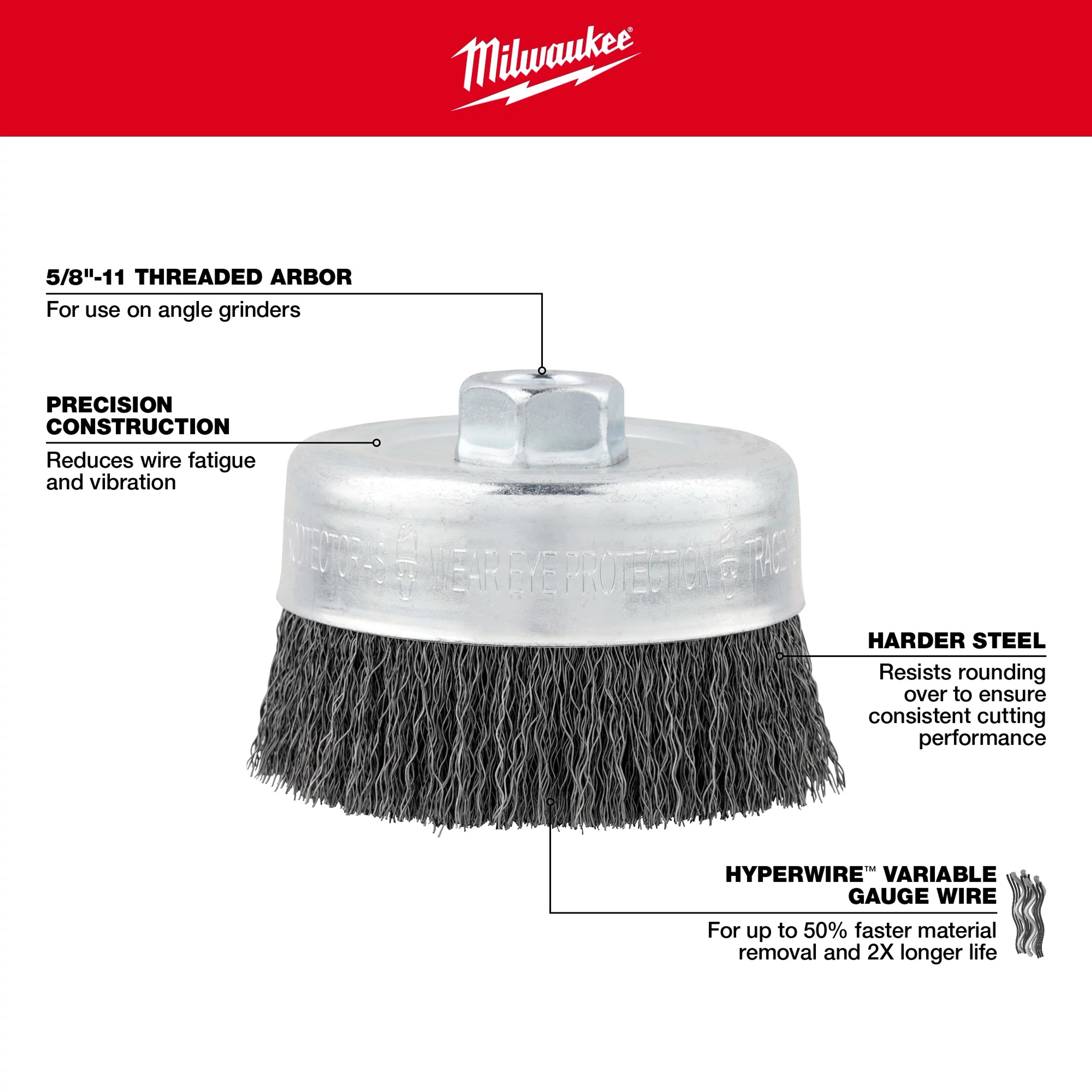 Crimped Wire Cup Brush - Carbon/Stainless Steel Walk Around with 5/8"-11 threaded arbor, precision construction, and Hyperwire gauge.