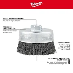 Crimped Wire Cup Brush - Carbon/Stainless Steel Walk Around with 5/8"-11 threaded arbor, precision construction, and Hyperwire gauge.