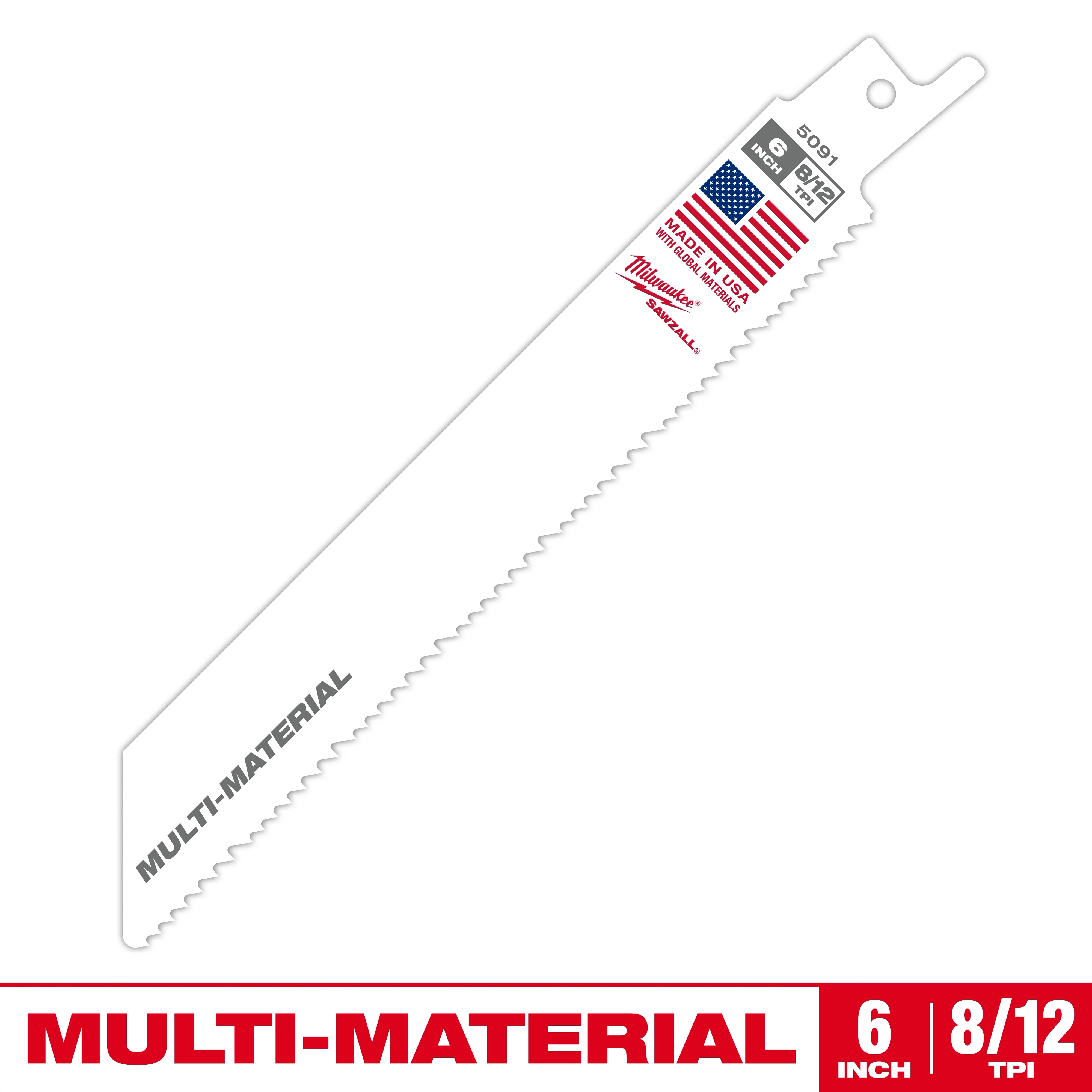 The Milwaukee multi-material reciprocating saw blade is 6 inches long with 8/12 TPI. It features an American flag and "Made in USA" on its body. The blade is designed for cutting various materials.