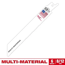 The Milwaukee multi-material reciprocating saw blade is 6 inches long with 8/12 TPI. It features an American flag and "Made in USA" on its body. The blade is designed for cutting various materials.
