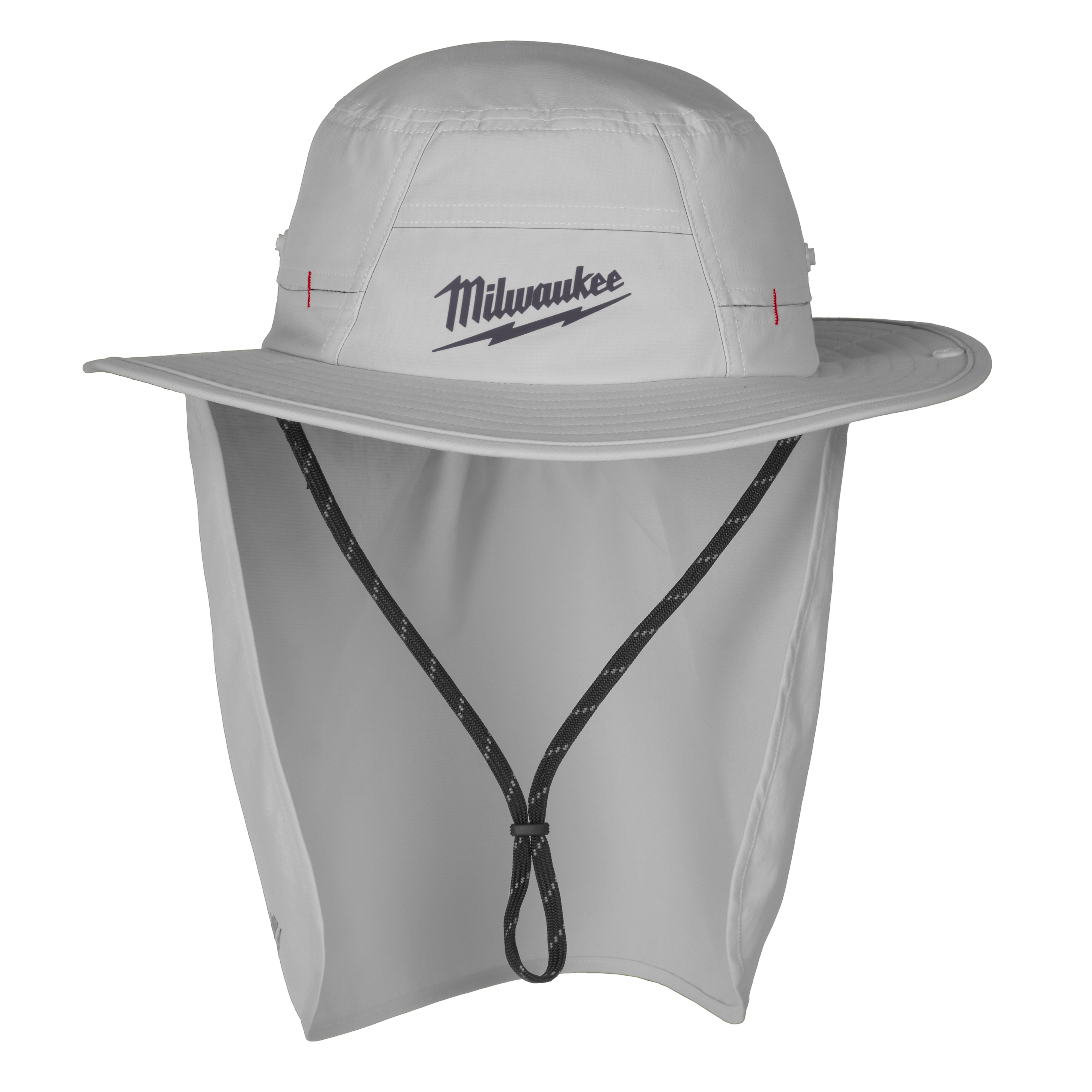 The WORKSKIN™ Sunshade Hat from Milwaukee is a light gray wide-brim hat with neck coverage and a chin strap. Designed for sun protection, it features the Milwaukee logo on the front.