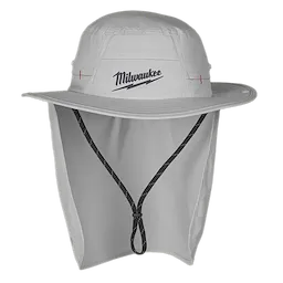 The WORKSKIN™ Sunshade Hat from Milwaukee is a light gray wide-brim hat with neck coverage and a chin strap. Designed for sun protection, it features the Milwaukee logo on the front.