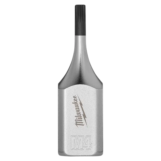 The image depicts a 3/8" Drive 4mm Triple Square Bit Socket, featuring a polished silver finish and branded with "Milwaukee" and "M4" markings. Its tip has a triple square end designed for specific types of fasteners.