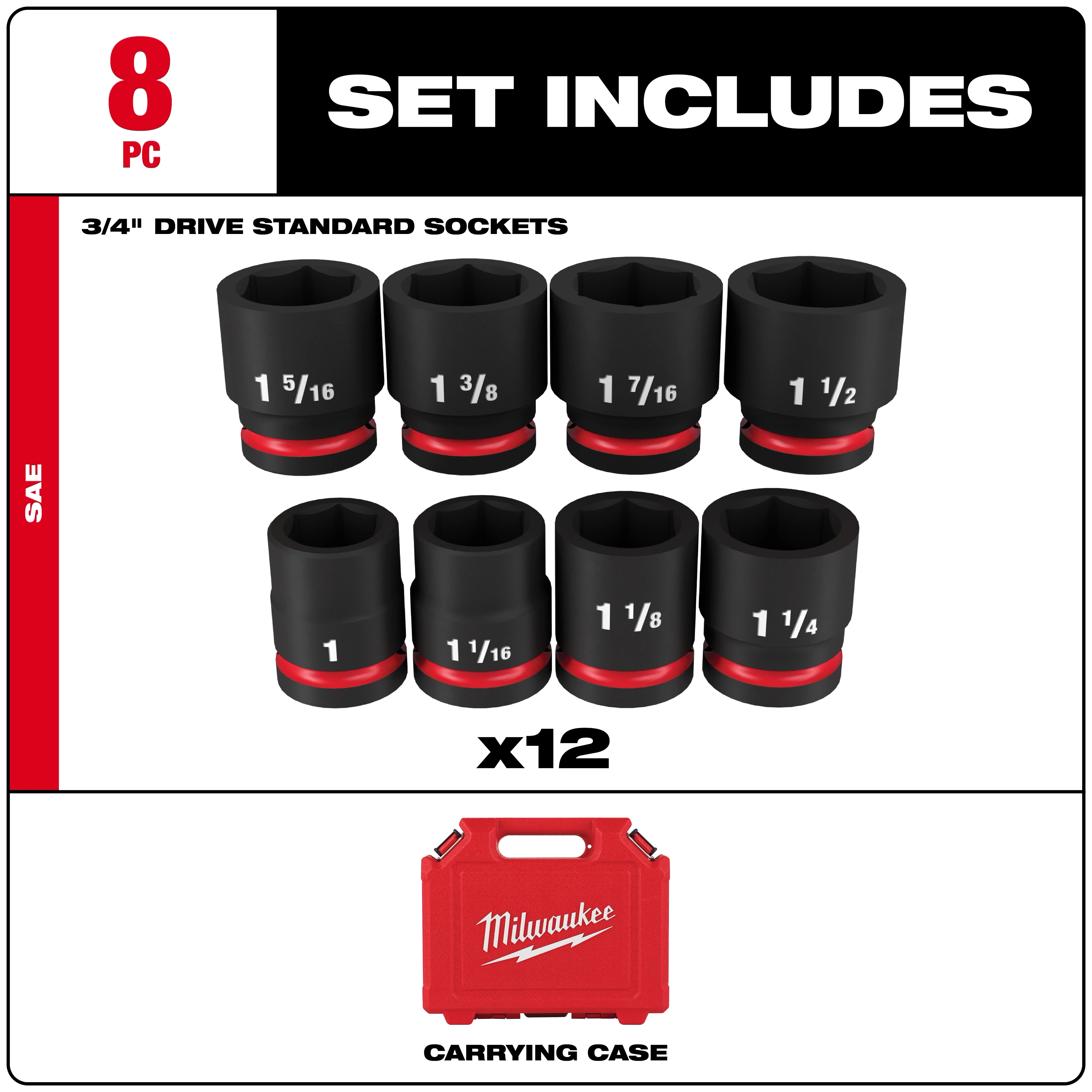 Milwaukee 8-Piece 3/4" Drive Standard Sockets Set includes seven individual socket sizes from 1 inch to 1 5/16 inch, and a red carrying case.