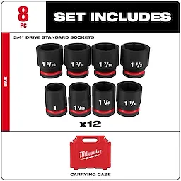 Milwaukee 8-Piece 3/4" Drive Standard Sockets Set includes seven individual socket sizes from 1 inch to 1 5/16 inch, and a red carrying case.