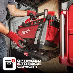 A person places a Milwaukee tool bag onto a shelf. Text reads "Optimized Storage Capacity" with an icon indicating efficient storage.