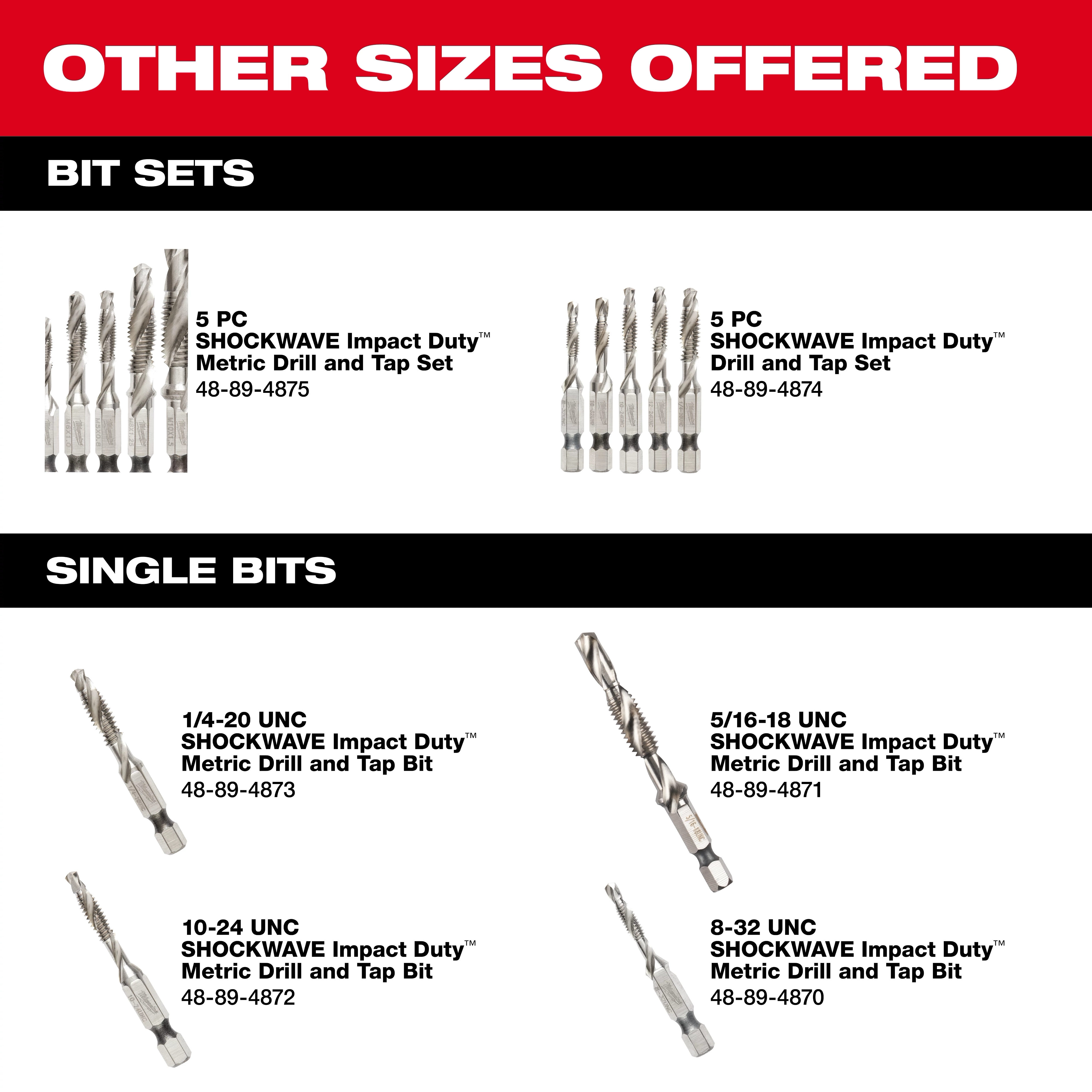 The image displays various sizes of the Drill and Tap Other Sizes Offered Graphic. It includes 5-piece Shockwave Impact Duty Metric Drill and Tap Sets, and single bits in sizes 1/4-20 UNC, 5/16-18 UNC, 10-24 UNC, and 8-32 UNC.