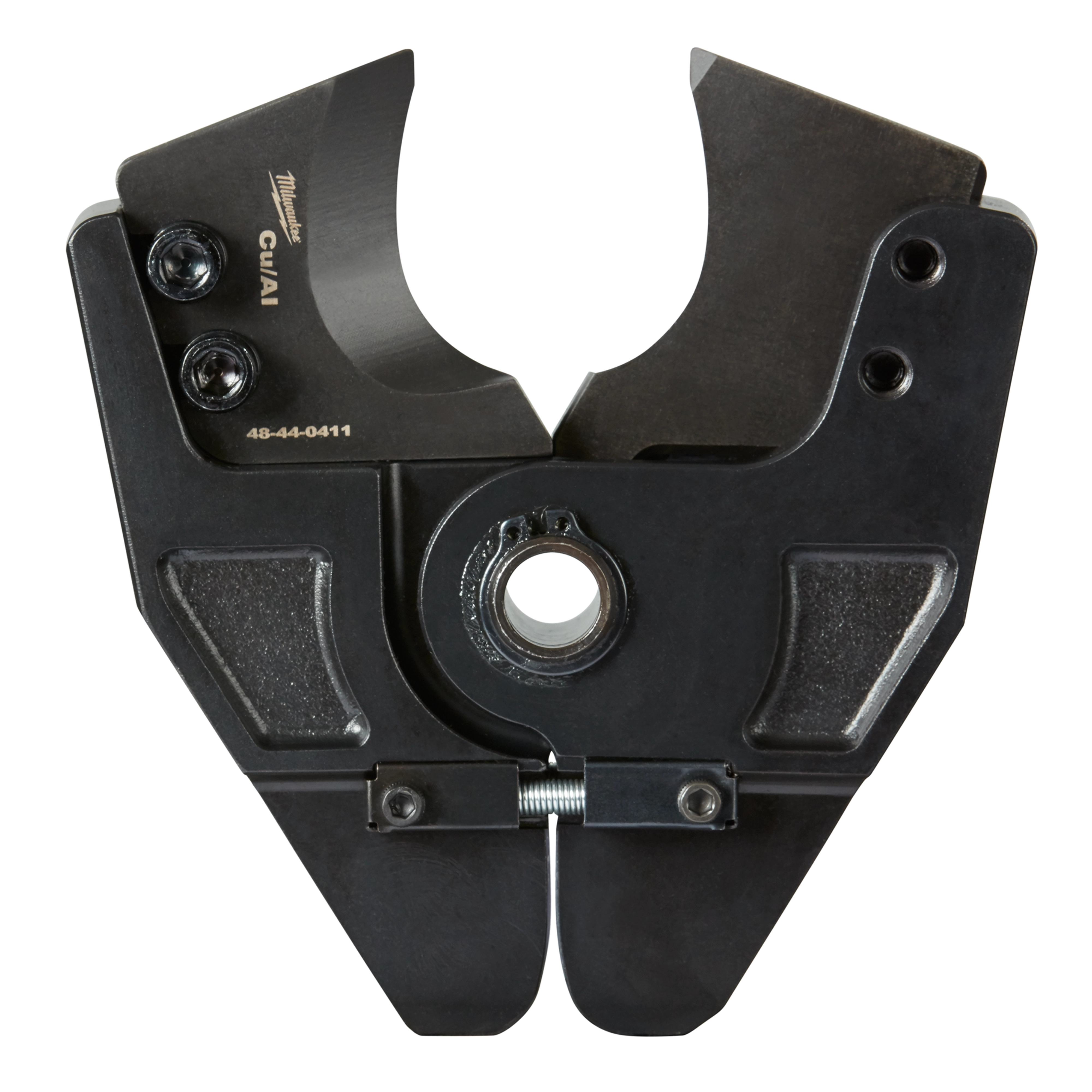 The M18™ 750 MCM Cable Cutting Jaw is a black, heavy-duty cutting attachment designed for cutting large electrical cables. The tool features sharp cutting edges and a central mounting hole for attachment. It is constructed from metal and includes multiple screw points for secure attachment and operation.