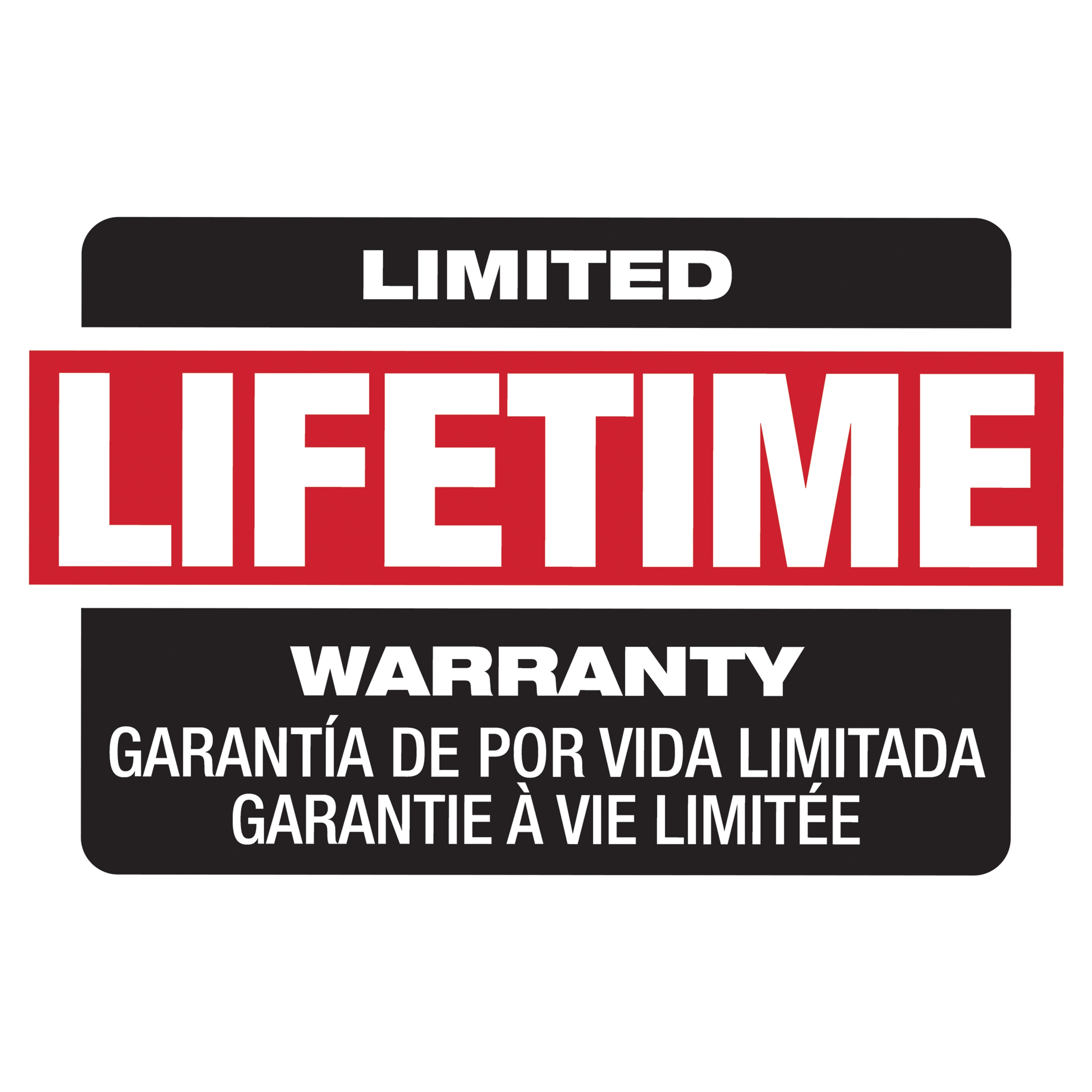 Bold red and white label displaying the words "Limited Lifetime Warranty" in English, Spanish, and French. It includes "Garantía de por vida limitada" in Spanish and "Garantie à vie limitée" in French.