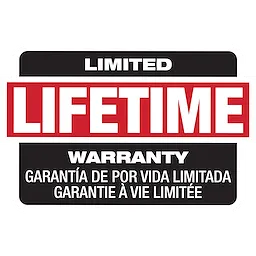 Bold red and white label displaying the words "Limited Lifetime Warranty" in English, Spanish, and French. It includes "Garantía de por vida limitada" in Spanish and "Garantie à vie limitée" in French.