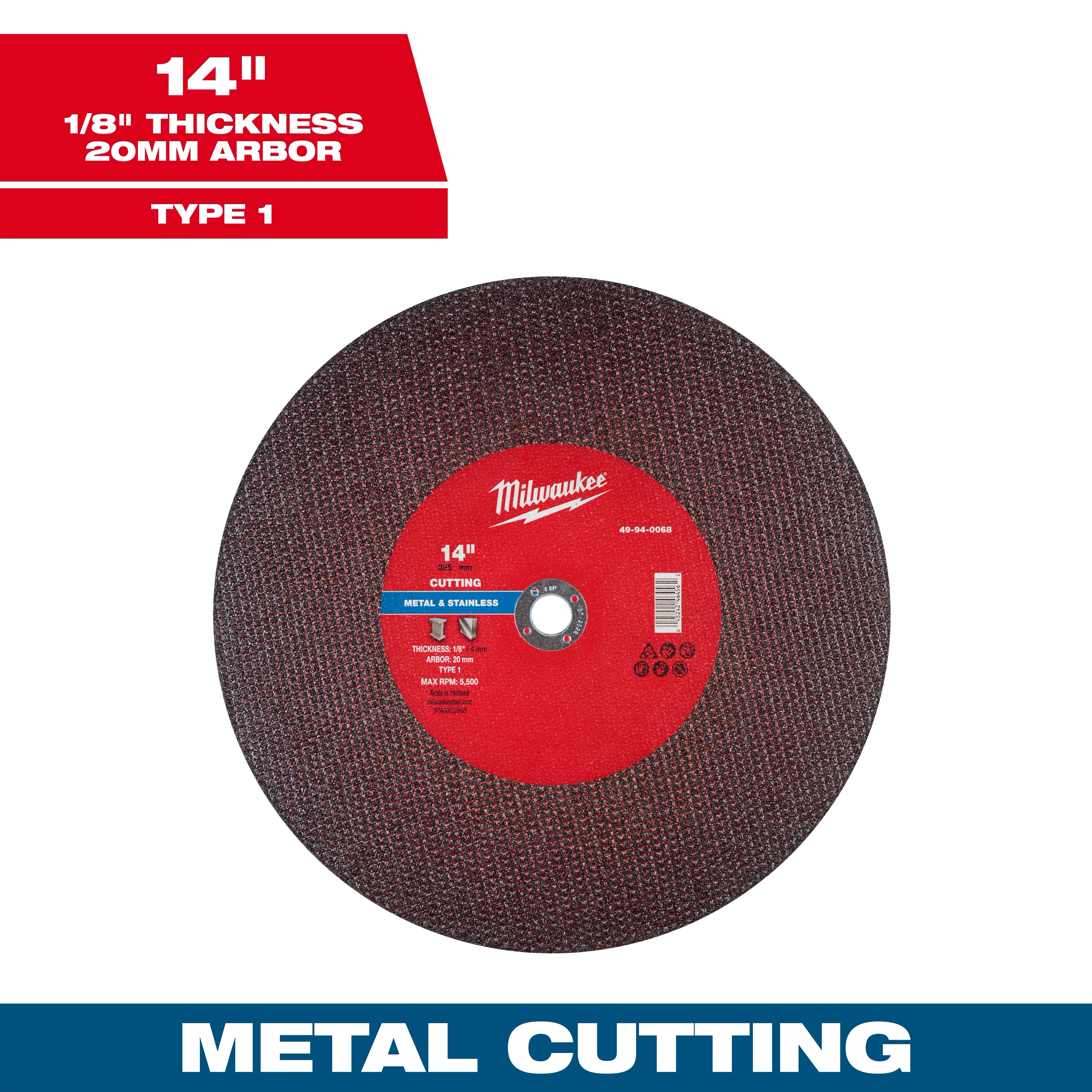 14" x 1/8" x 20mm Metal Cut Off Wheel, Type 1. Features include 20mm arbor, suitable for metal and stainless cutting.