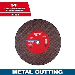 14" x 1/8" x 20mm Metal Cut Off Wheel, Type 1. Features include 20mm arbor, suitable for metal and stainless cutting.
