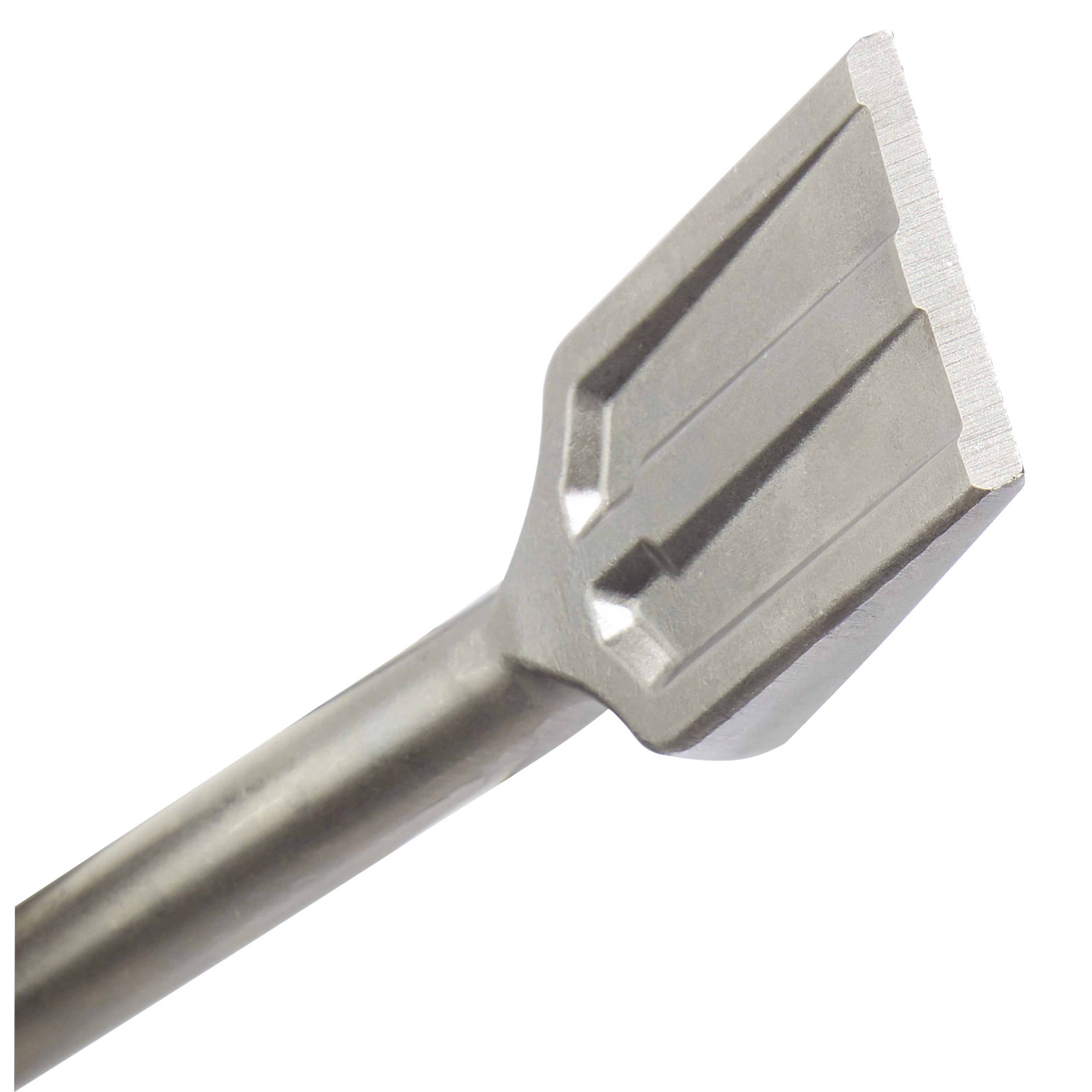 SDS-MAX SCRAPING tool with a flat, chisel-like blade designed for heavy-duty scraping and demolition tasks on various surfaces.