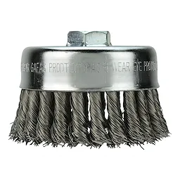 4" Knot Wire Cup Brush with Carbon Steel Block Shot, featuring twisted wire bristles and a hexagonal nut attachment.
