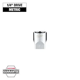 This image shows a chrome Milwaukee 1/4" drive metric socket with the number 15 engraved on it. The top-left corner states "1/4" DRIVE METRIC," and there is a "LIFETIME GUARANTEE" label in the bottom-left corner.