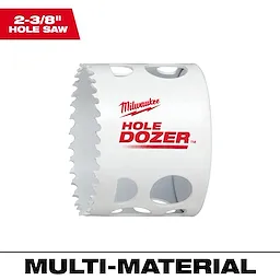 2-3/8" Hole Dozer Bi-Metal Hole Saw. White with red text, toothed circular edge, designed for cutting through various materials.