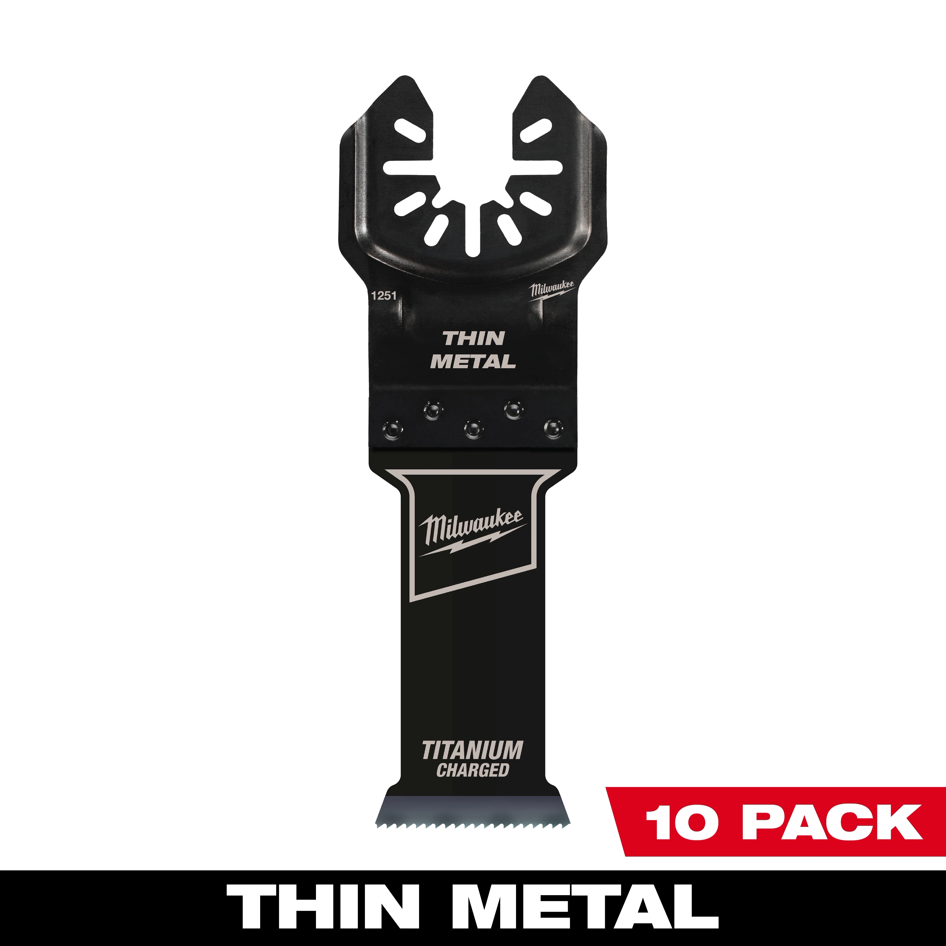 Milwaukee Open-Lok 1-1/8" titanium charged bi-metal thin metal multi-tool blade, 10-pack, with "Thin Metal" and "Titanium Charged" labels.