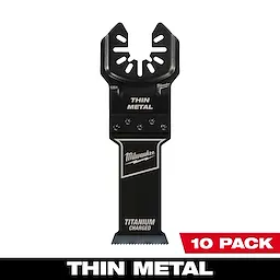 Milwaukee Open-Lok 1-1/8" titanium charged bi-metal thin metal multi-tool blade, 10-pack, with "Thin Metal" and "Titanium Charged" labels.