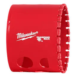 Milwaukee 2-1/4" Diamond Max Hole Saw in red, featuring diamond grit cutting edge and ventilation holes.