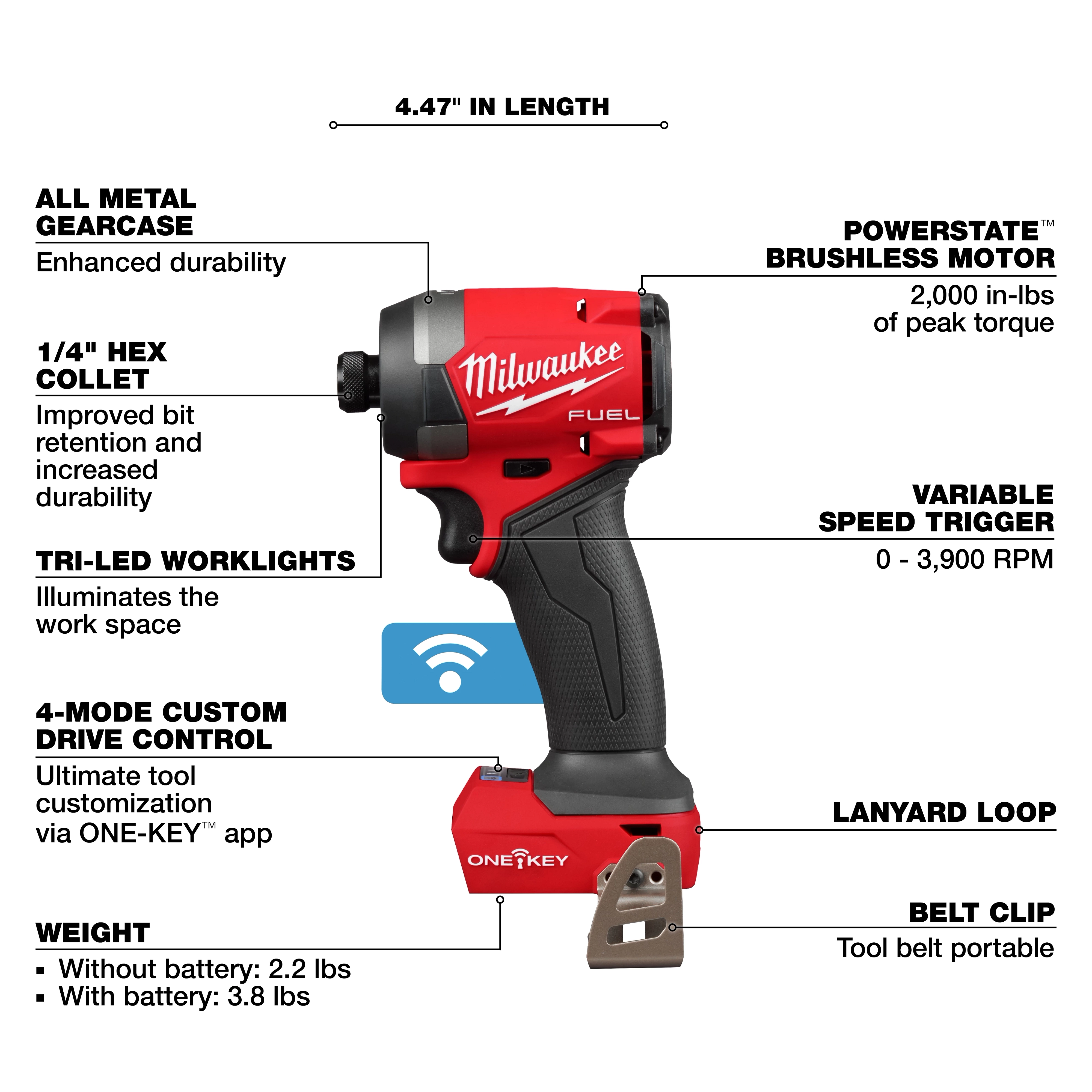 Milwaukee M18 FUEL 1/4" Hex Impact Driver with ONE-KEY, 2000 in-lbs peak torque, 4.47" length, and tri-LED worklights.