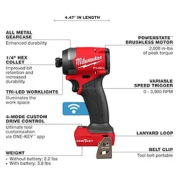 Milwaukee M18 FUEL 1/4" Hex Impact Driver with ONE-KEY, 2000 in-lbs peak torque, 4.47" length, and tri-LED worklights.