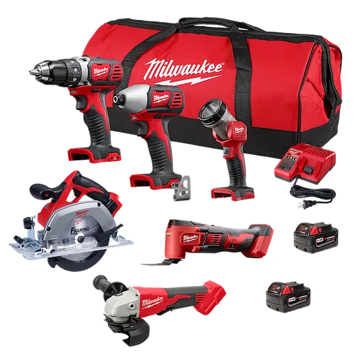 M18 6-Tool Combo Kit includes a drill, impact driver, flashlight, circular saw, reciprocating saw, angle grinder, batteries, charger, and red bag.
