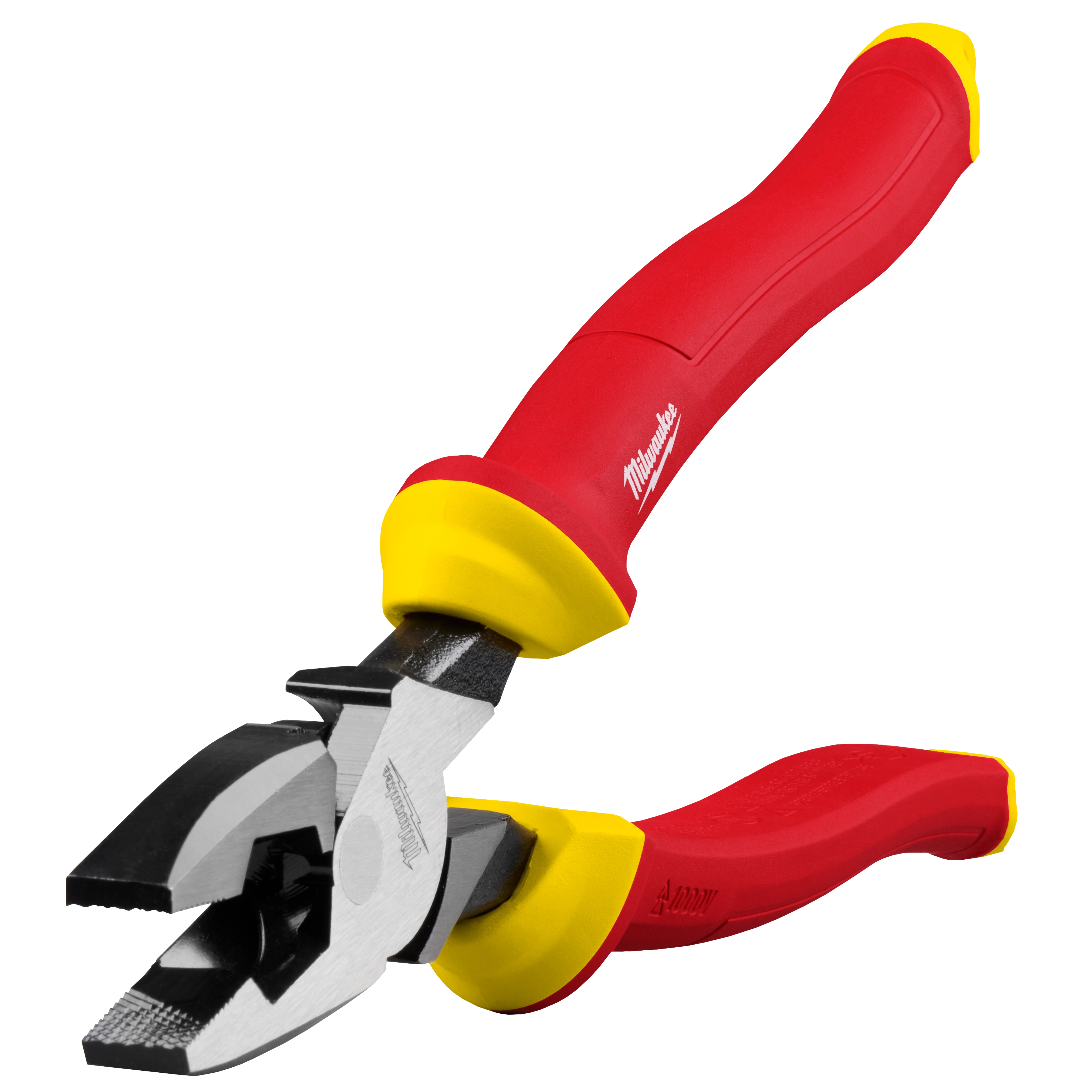 1000V Insulated 9" Lineman's Pliers with red handles and yellow insulation bands for electrical safety, featuring a sturdy, toothed grip.