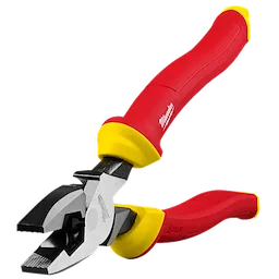 1000V Insulated 9" Lineman's Pliers with red handles and yellow insulation bands for electrical safety, featuring a sturdy, toothed grip.