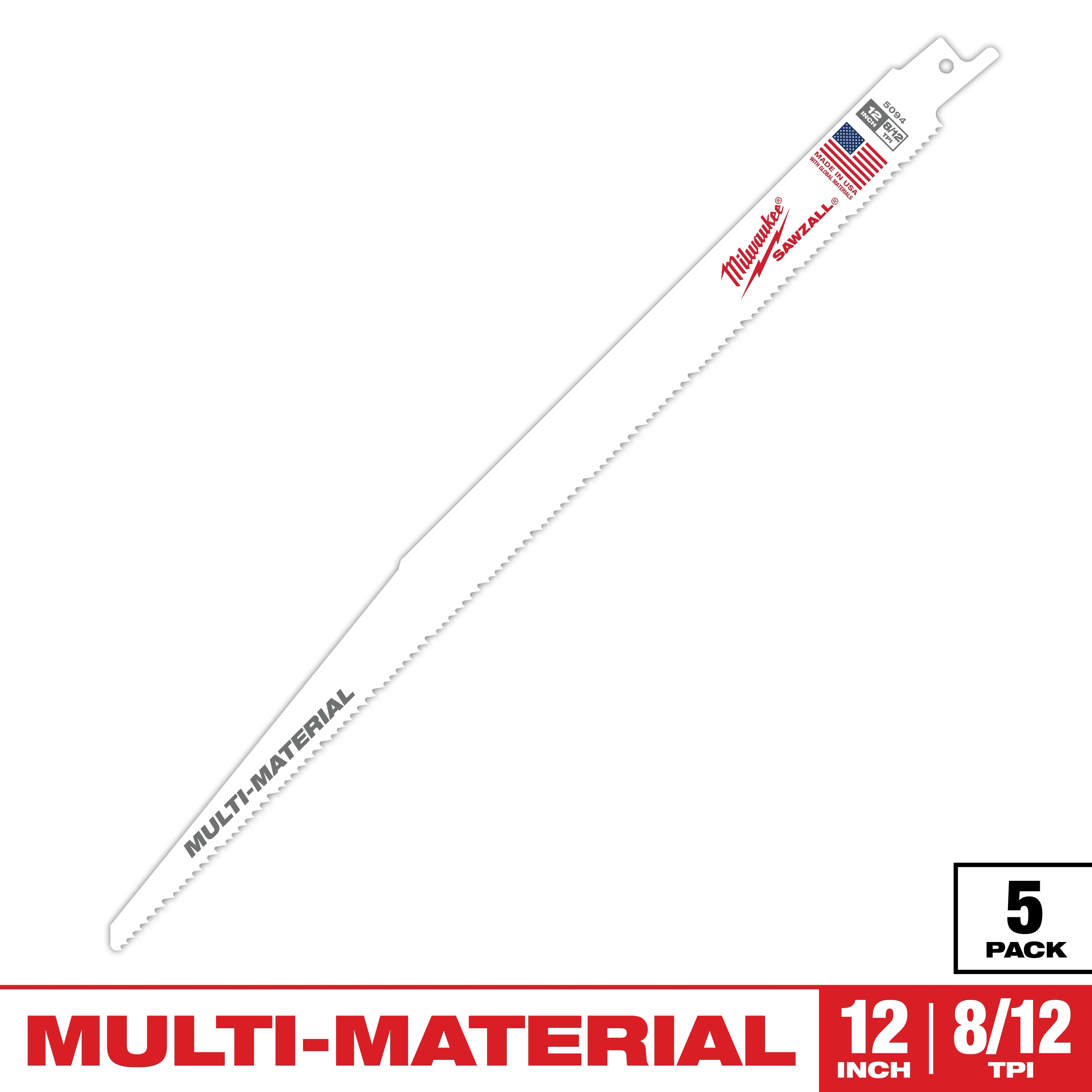 Milwaukee 12-inch, multi-material saw blade with 8/12 teeth per inch, designed for cutting various materials. The package includes five blades. The blade features a white background with the Milwaukee brand name in red lettering and an American flag graphic near the attachment end.