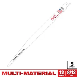 Milwaukee 12-inch, multi-material saw blade with 8/12 teeth per inch, designed for cutting various materials. The package includes five blades. The blade features a white background with the Milwaukee brand name in red lettering and an American flag graphic near the attachment end.