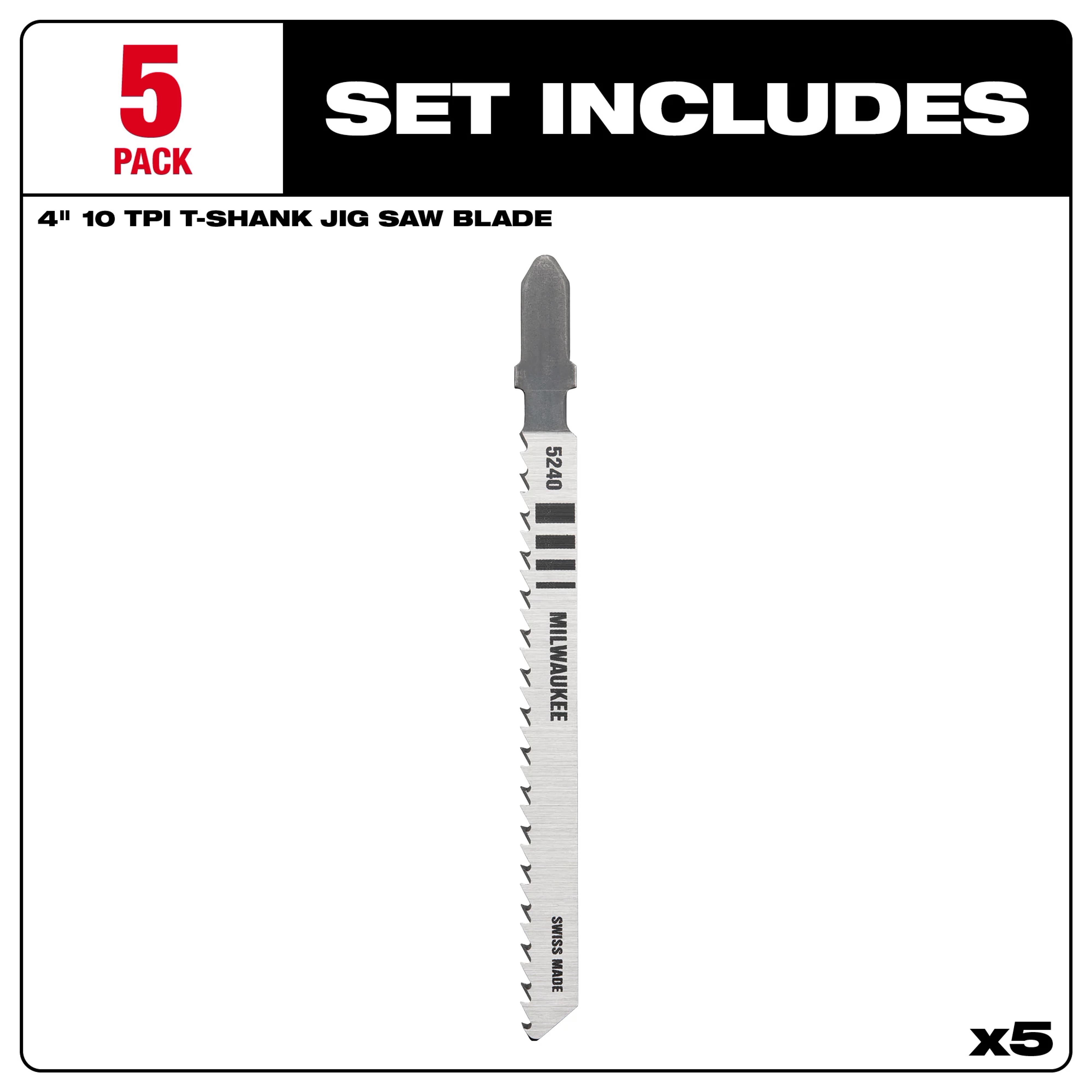 Five-pack of 4-inch, 10 TPI T-Shank jig saw blades for wood, made from high carbon steel. Brand name: Milwaukee.
