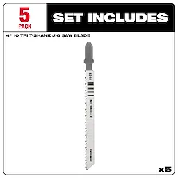 Five-pack of 4-inch, 10 TPI T-Shank jig saw blades for wood, made from high carbon steel. Brand name: Milwaukee.
