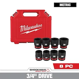 The SHOCKWAVE 3/4 in. Drive Metric 6 Point Impact Socket Set (8-Piece) includes eight black sockets and a red Milwaukee carrying case. The socket sizes are 26, 27, 29, 30, 32, 35, and 38 millimeters.