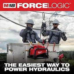 Two utility workers in a bucket use the M18 FORCELOGIC hydraulic system, which is powered by Milwaukee, under a high-voltage power line. The red hydraulic pump is visible, along with safety gear and equipment, set against a cloudy sky and green landscape. Text reads: The easiest way to power hydraulics.