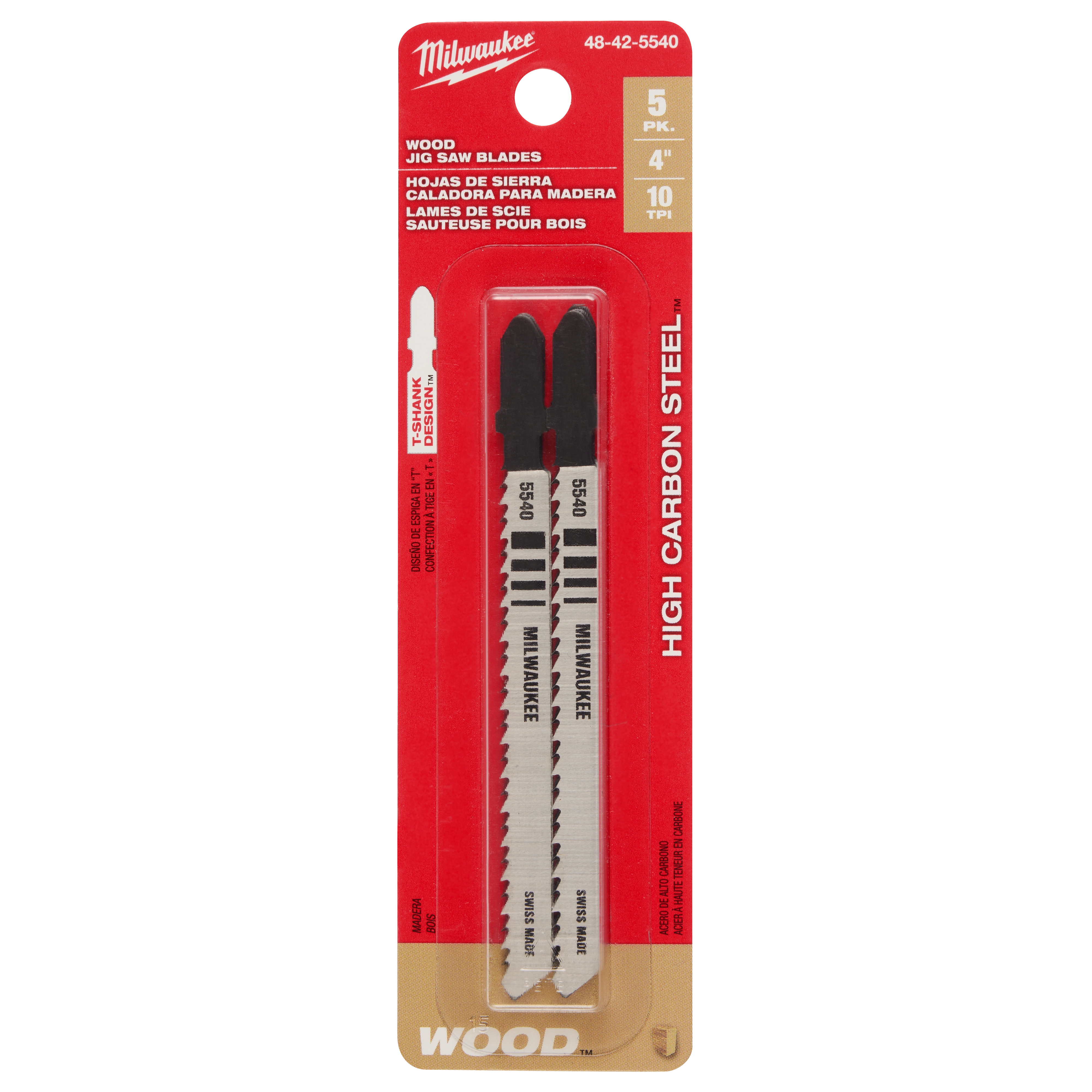 Milwaukee 4" 10TPI T-Shank Wood High Carbon Steel Jig Saw Blades 5PK in red and tan packaging with product details.