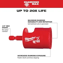 Red 1-1/4" Diamond Max Hole Saw Bit with hex shank for unmatched porcelain cuts, increased diamond exposure, and no arbor needed.