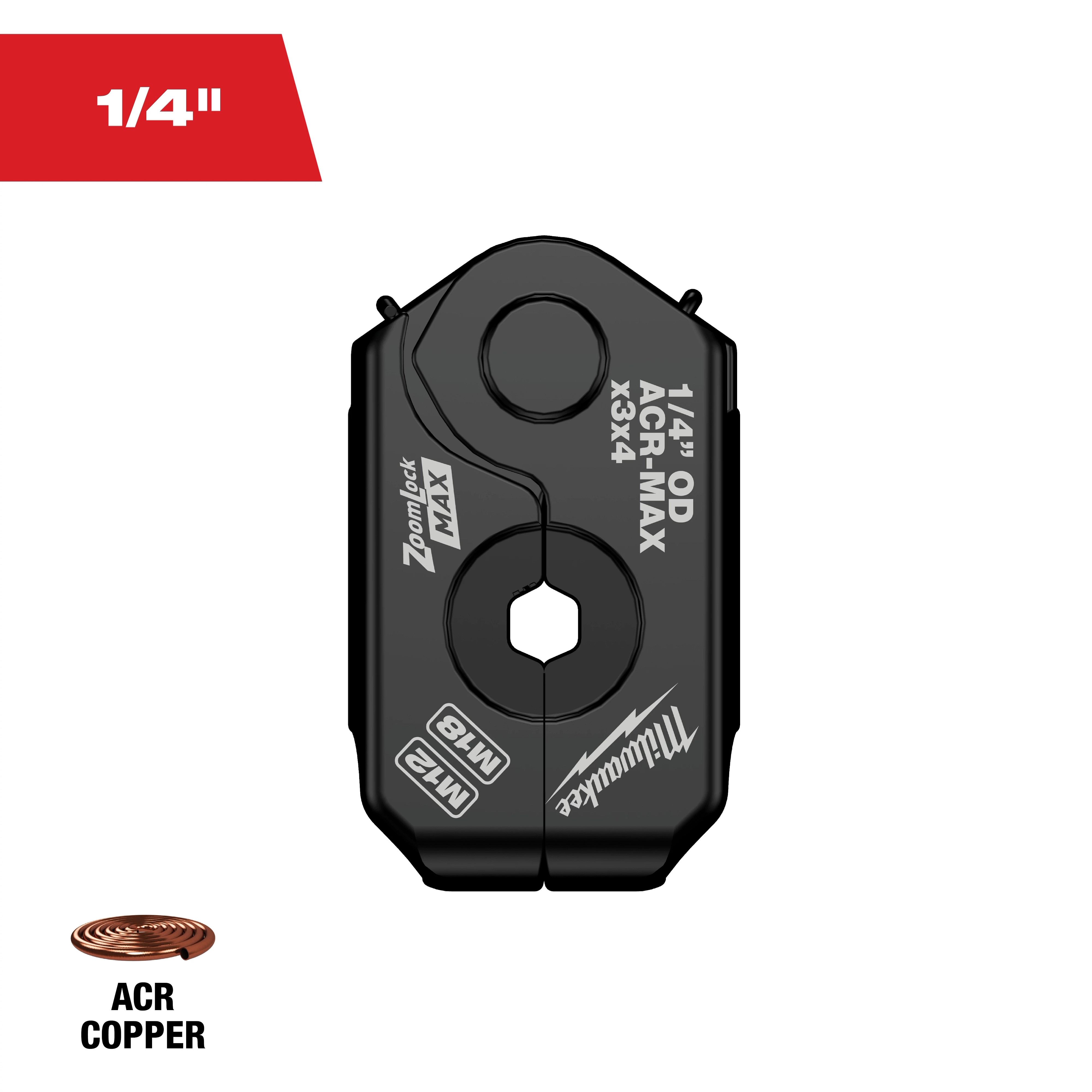 The 1/4" ZoomLock MAX® & MaxiPro® Pivoting Press Ring is a black tool designed for copper pipe pressing. It features markings for size and brand identification. The ring's pivoting design aids in precise connections, highlighting compatibility with 1/4" ACR copper pipes.
