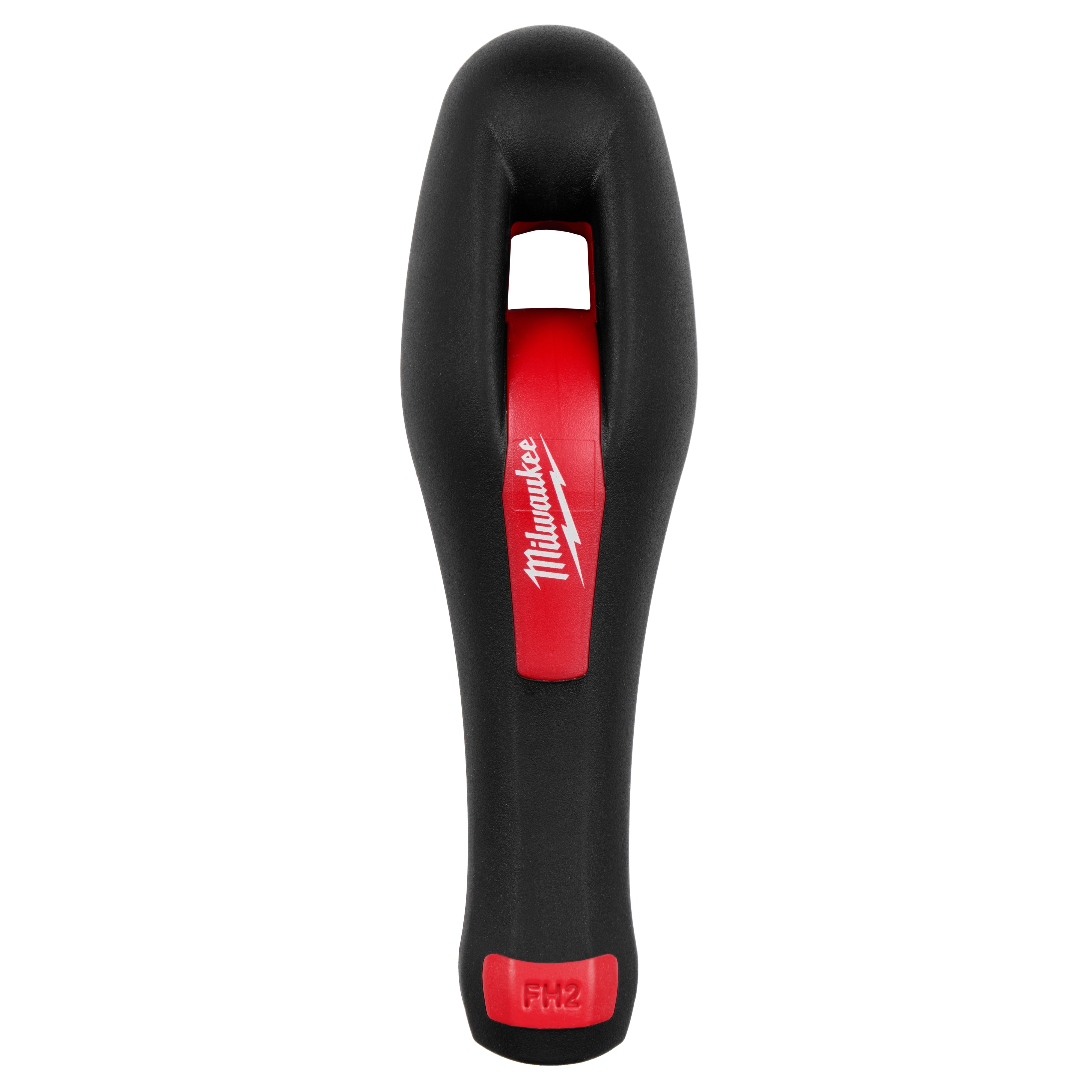 The Round File Handle is black with red accents and includes a Milwaukee logo on the grip. It features an ergonomic design to enhance user comfort and control during use.