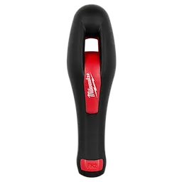 The Round File Handle is black with red accents and includes a Milwaukee logo on the grip. It features an ergonomic design to enhance user comfort and control during use.
