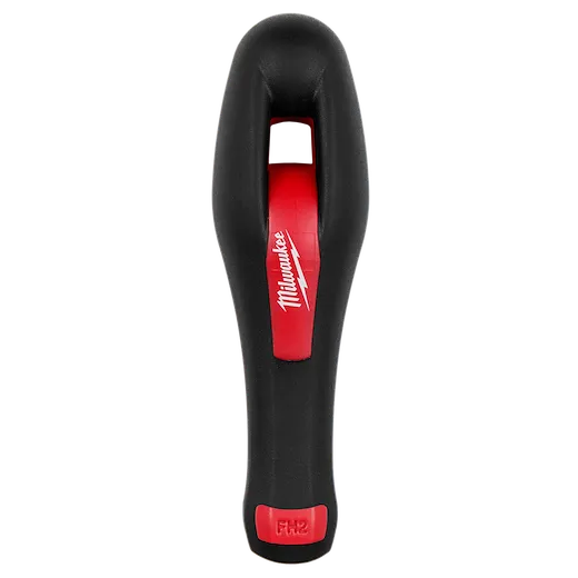 The Round File Handle is black with red accents and includes a Milwaukee logo on the grip. It features an ergonomic design to enhance user comfort and control during use.