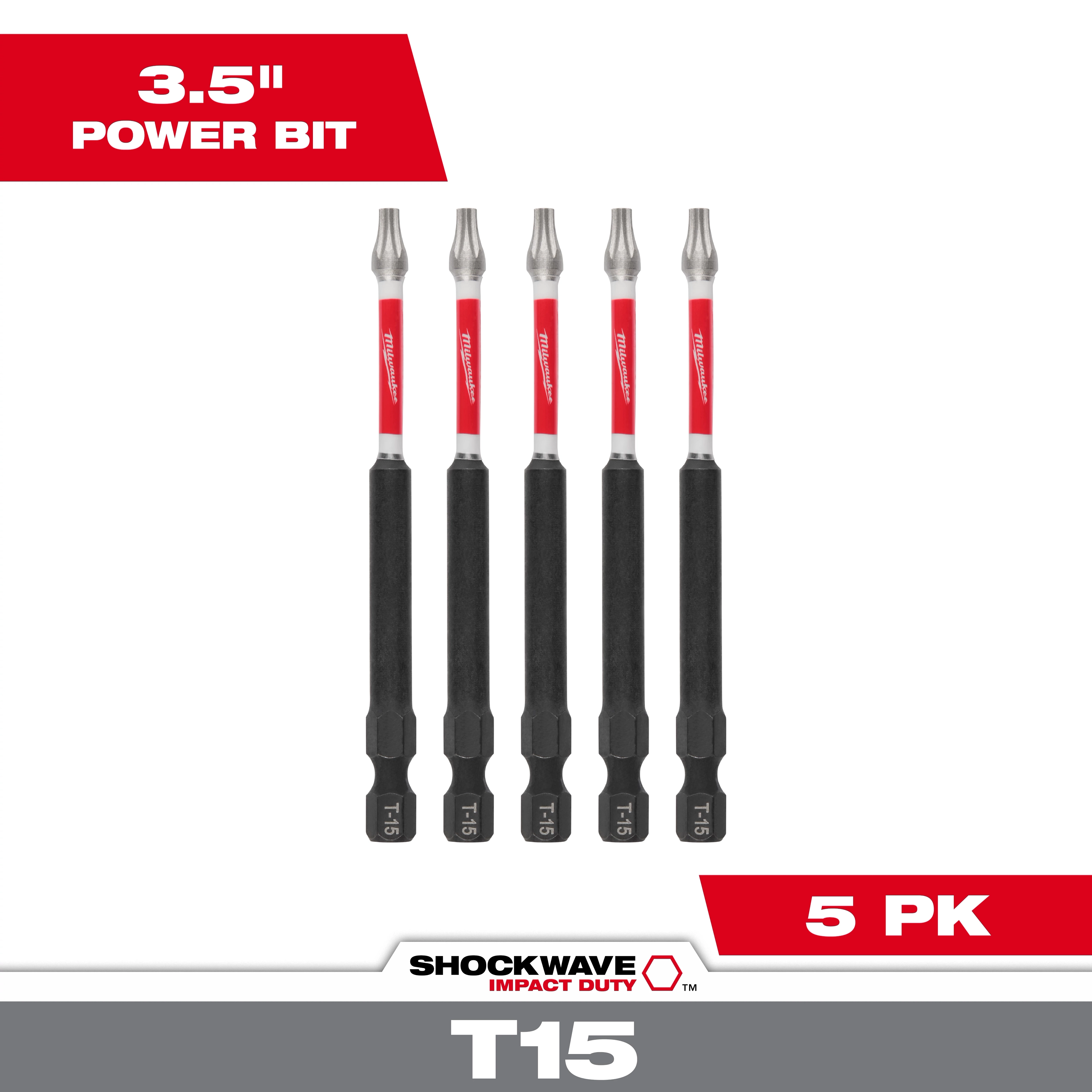 Five SHOCKWAVE™ 3-1/2" Impact TORX® T15 Power Bits are shown in a package labeled "5 PK". The bits have black and silver ends with red sections in the middle displaying the SHOCKWAVE™ logo. The background includes text "3.5" Power Bit" and "T15".