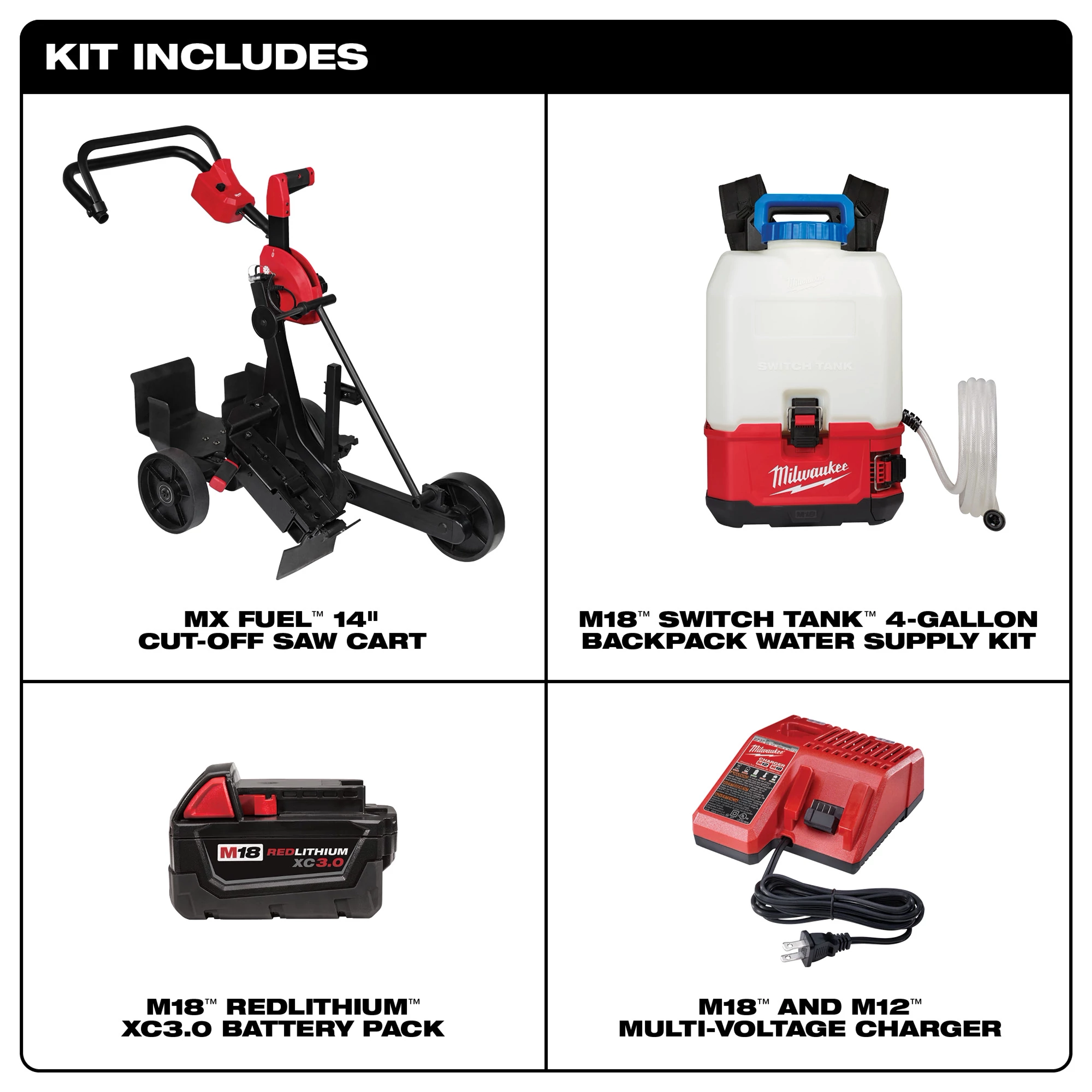 MX FUEL 14" Cut-Off Saw Cart Kit Includes: a saw cart, a backpack water supply kit, a battery pack, and a multi-voltage charger.
